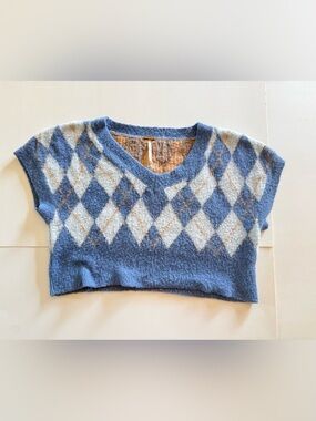 Free People Through The Motions Argyle Sweater Vest Blue Cropped V-Neck Knit M